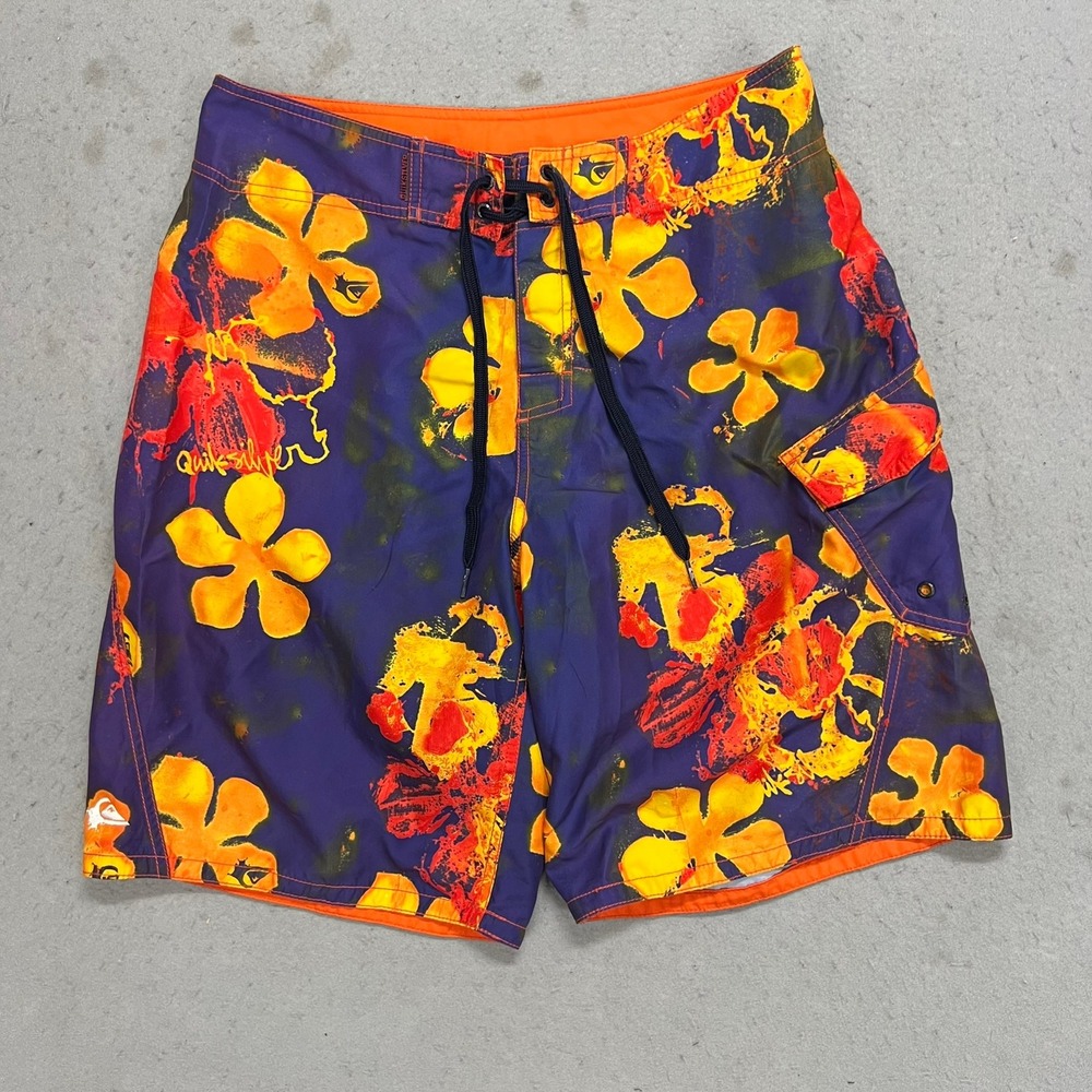 Quiksilver Mens Board Shorts Size 32 Purple Orange Floral Print Y2K Trunks Surf